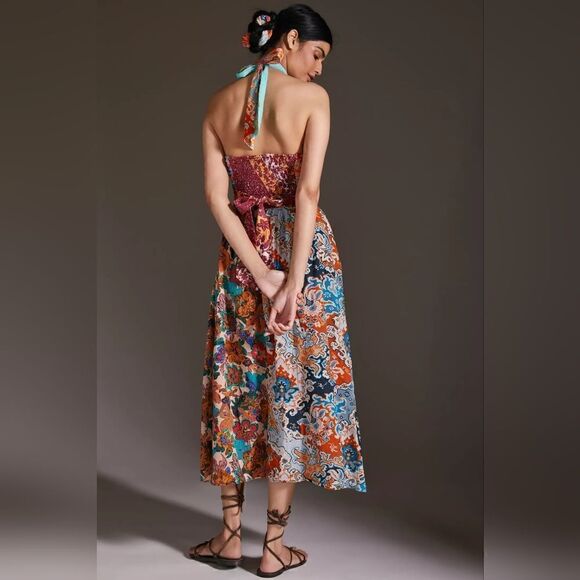 Love The Label Anthropologie Ivy Printed Patchwork Halter Maxi Dress Size XS NWT - Picture 3 of 12